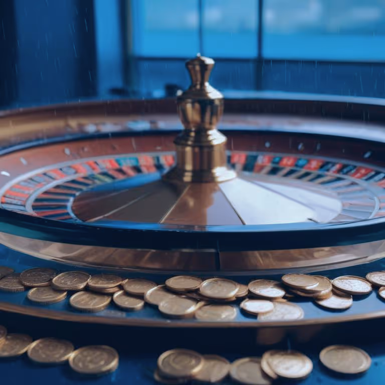Rainbet Casino featuring a roulette wheel surrounded by coins and a glowing light.