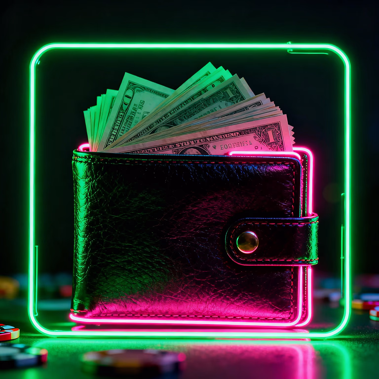 Rainbet Casino featuring a poker table stacked with chips and cards in a modern high-rise lounge overlooking the city skyline.